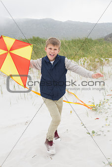 Cheerful boy with kite at beach