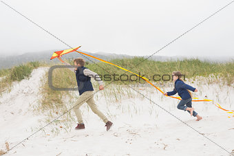 Cheerful kids running with kite at beach
