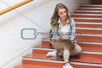 Pretty student sitting on stairs looking at camera