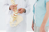 Mid section of a doctor explaining the spine to patient