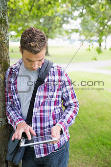 Handsome student leaning on tree using his tablet
