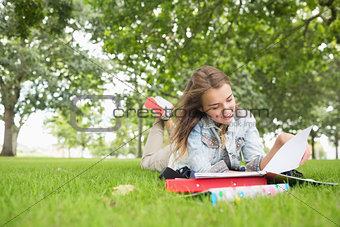 Happy young student studying on the grass