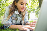 Young happy student lying on the grass using laptop