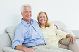 Happy loving senior couple sitting on sofa