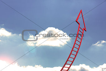 Red ladder arrow pointing up against sky