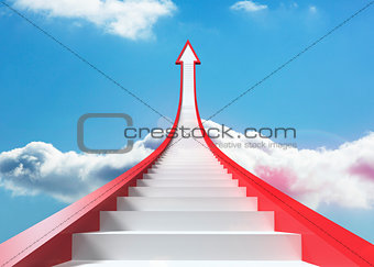 Red steps arrow pointing up against sky