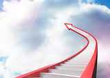 Red staircase arrow pointing up against sky