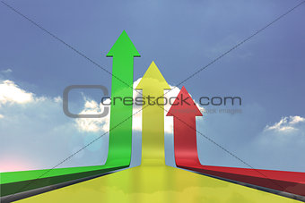 Colorful arrows pointing up against sky