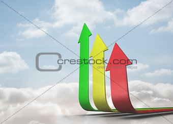 Colourful curved arrows pointing up against sky