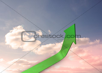 Green curved arrow pointing up against sky