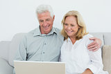 Relaxed senior couple using laptop at home