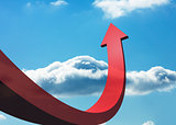 Red curved arrow pointing against sky