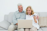 Senior couple doing online shopping on sofa