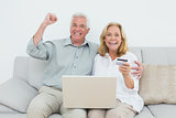 Cheerful senior couple doing online shopping at house