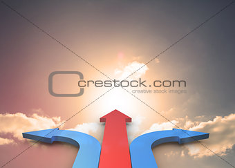 Red and blue curved arrows pointing against sky