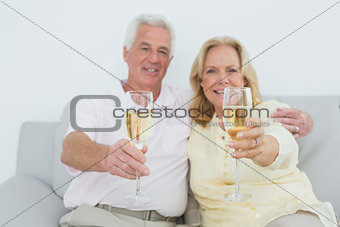 Senior couple holding champagne flutes at home