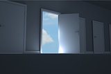 Door opening in dark room to show sky