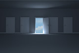 Door opening in dark room to show sky