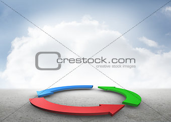 Blue red and green arrows in desert landscape