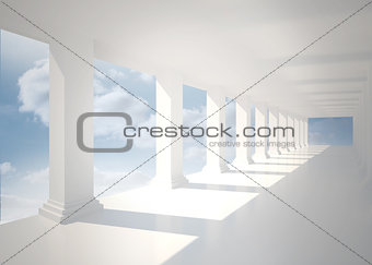 Bright white hall with columns