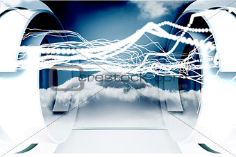 White lines with cloud design on a futuristic structure