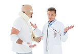 Portrait of a doctor with patient tied up in bandage