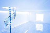 Bright blue room with spiral staircase