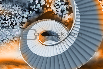 Winding staircase in the sky with flying papers
