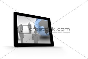 Figures and earth on tablet screen