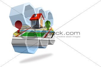 House on a map on abstract screen