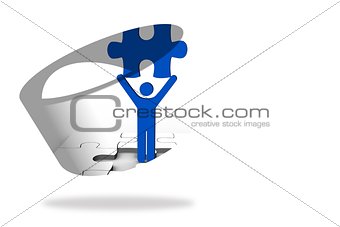 Figure holding jigsaw piece on abstract screen