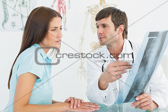 Doctor explaining spine x-ray to female patient