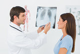Male doctor explaining lungs x-ray to female patient