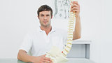 Confident doctor holding skeleton model in his office