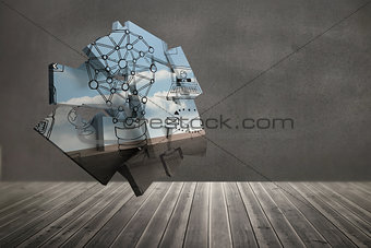 Light bulb graphic on abstract screen in room