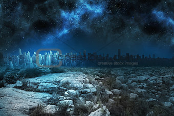 Serene landscape with city on the horizon at night