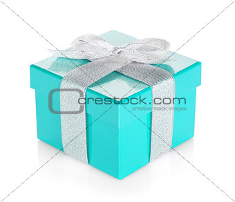 Blue gift box with silver ribbon and bow