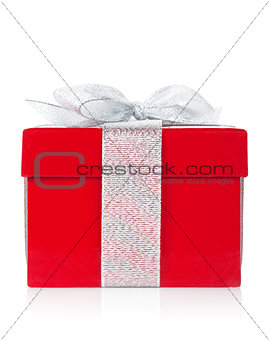 Red gift box with silver ribbon and bow