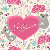 Floral valentines day card with cute koala bears