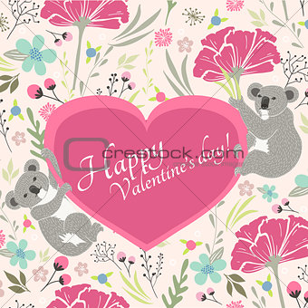Floral valentines day card with cute koala bears