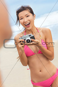 Asian Chinese Woman Girl Camera at Beach in Bikini