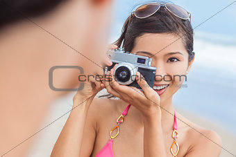 Asian Chinese Woman Girl With Retro Camera