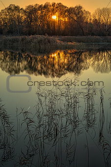 Sunset on lake reflection