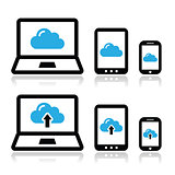 Cloud network on laptop, tablet, smartphone icons set