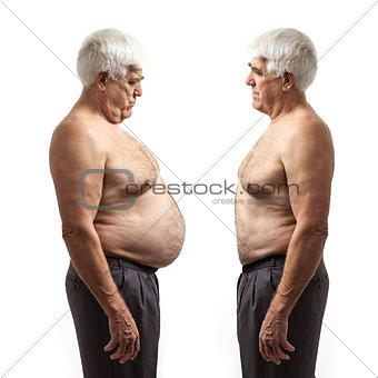Overweight man and regular weight man over white background