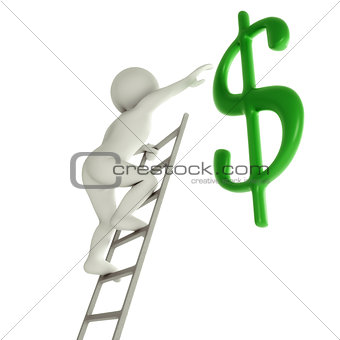 3D man on a ladder about to reach green dollar sign