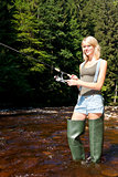 woman fishing in Jizera river, Czech Republic