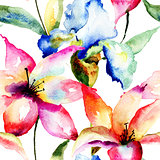 Seamless wallpaper with Lily and Iris flowers