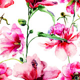 Seamless pattern with Ipomea and Peony flowers illustration