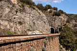 Railway tunnel and wall in mountain.